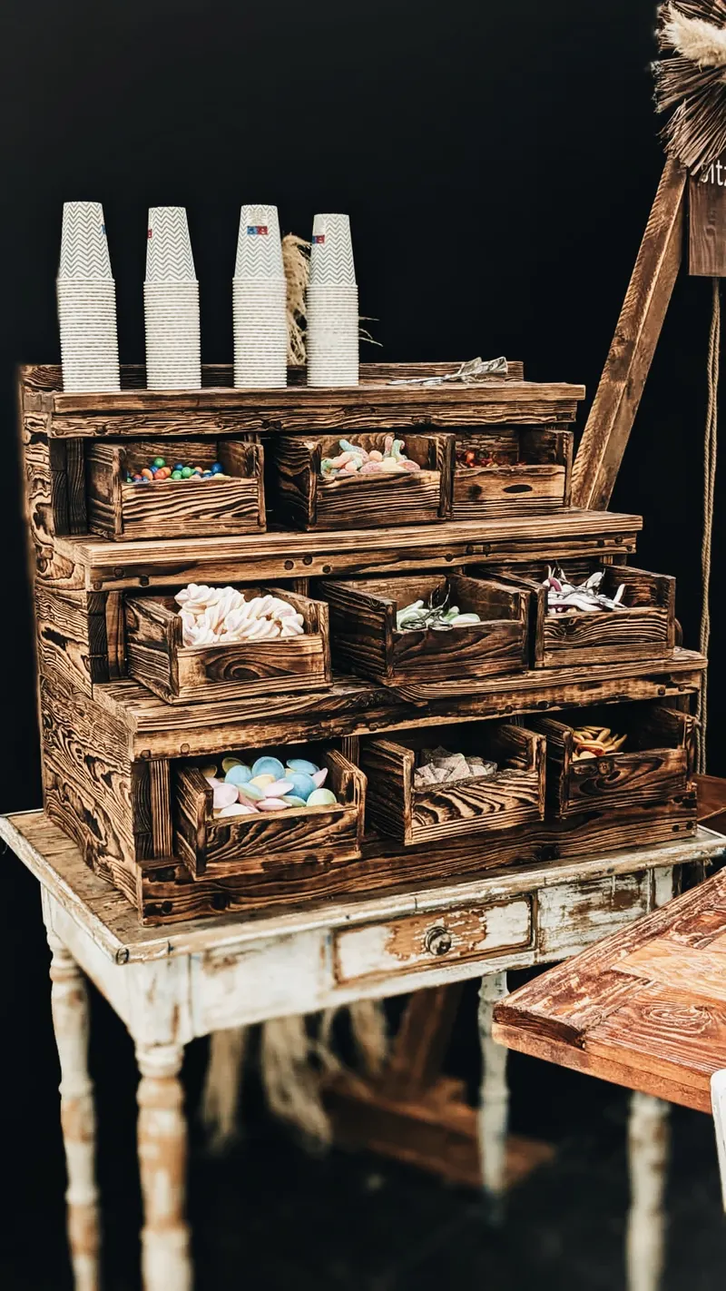 Candy Bar Zuckerbude aus Holzkisten mit Süßigkeiten und Papiertüten
